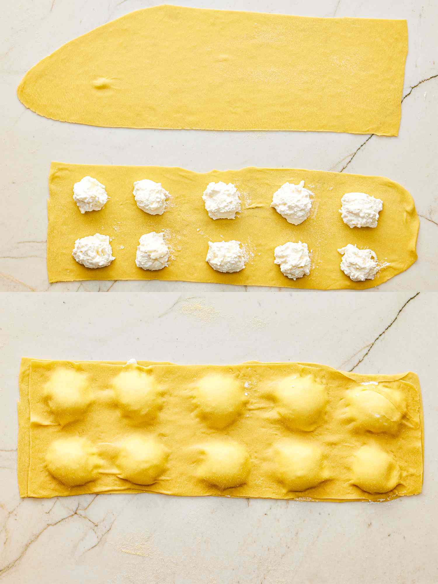 Two image collage of filling and sealing raviolis 
