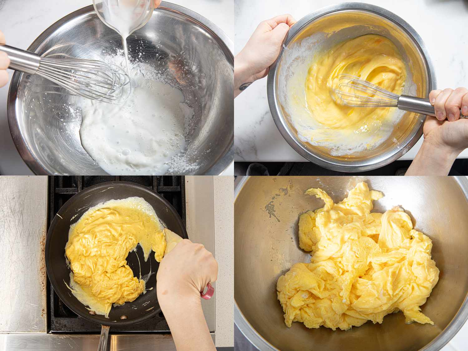 Four image collage of cooking eggs