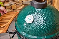 A closeup of the temperature gauge on the Big Green Egg Large Charcoal Kamado Grill and Smoker