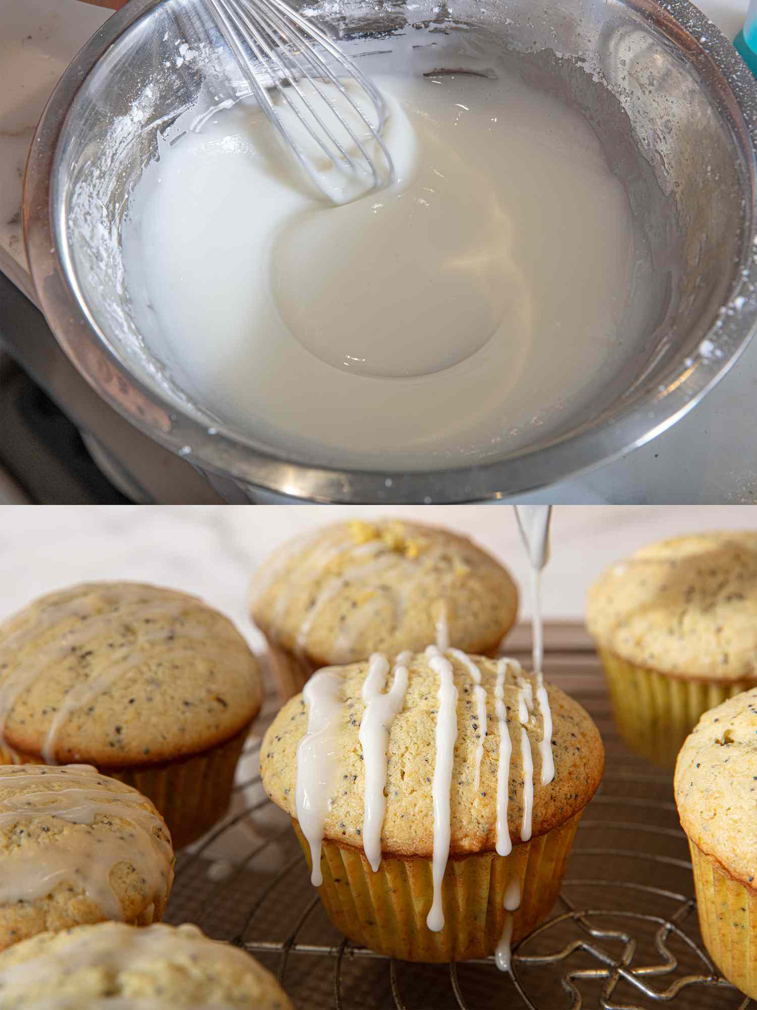 Lemon poppy seed muffins being drizzled with glaze while placed on a cooling rack, along with a close-up of glaze being whisked in a bowl