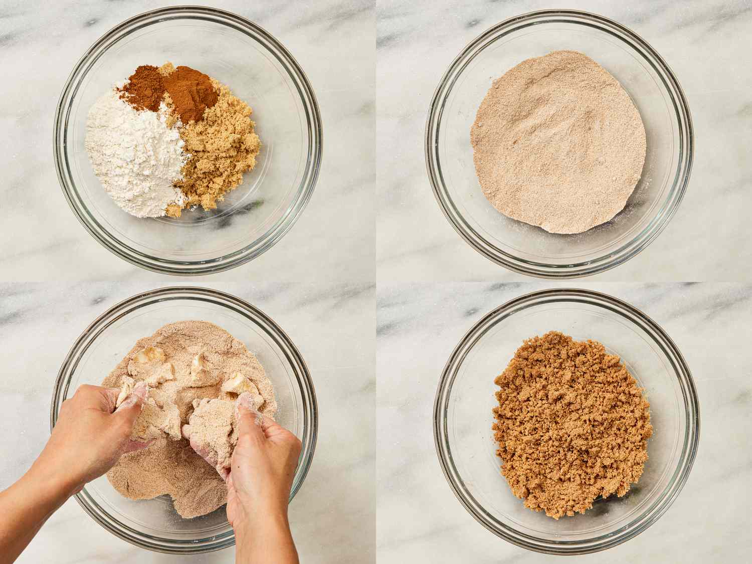 4 image collage. Top left: spices and flour together in a glass bowl on a marbles surface. Top Right: spices fully combined in a glass bowl. Bottom left: Fingers working butter into sugar mix in a glass bowl. Bottom Right: brown sugar mixture fully blended together in glass bowl