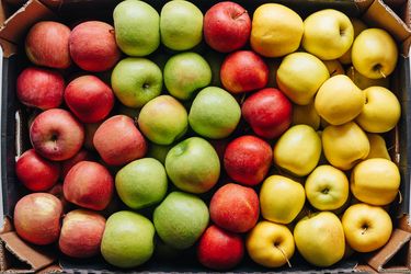 Assorted apples organized in rows within a cardboard tray