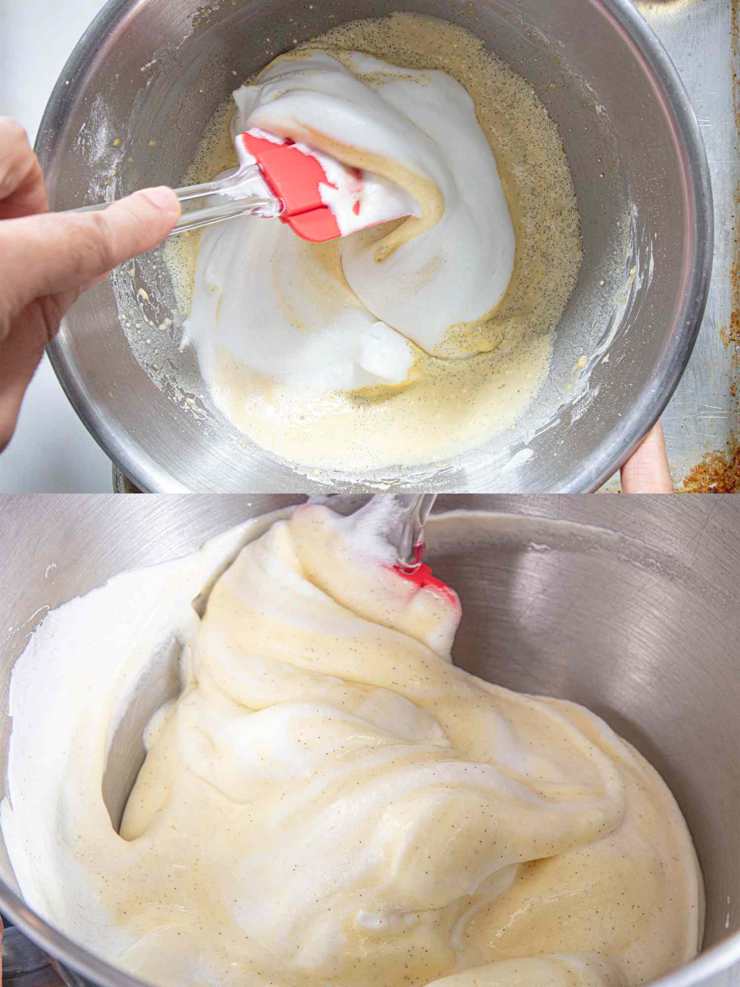 Combining beaten egg whites with batter in a mixing bowl using a spatula