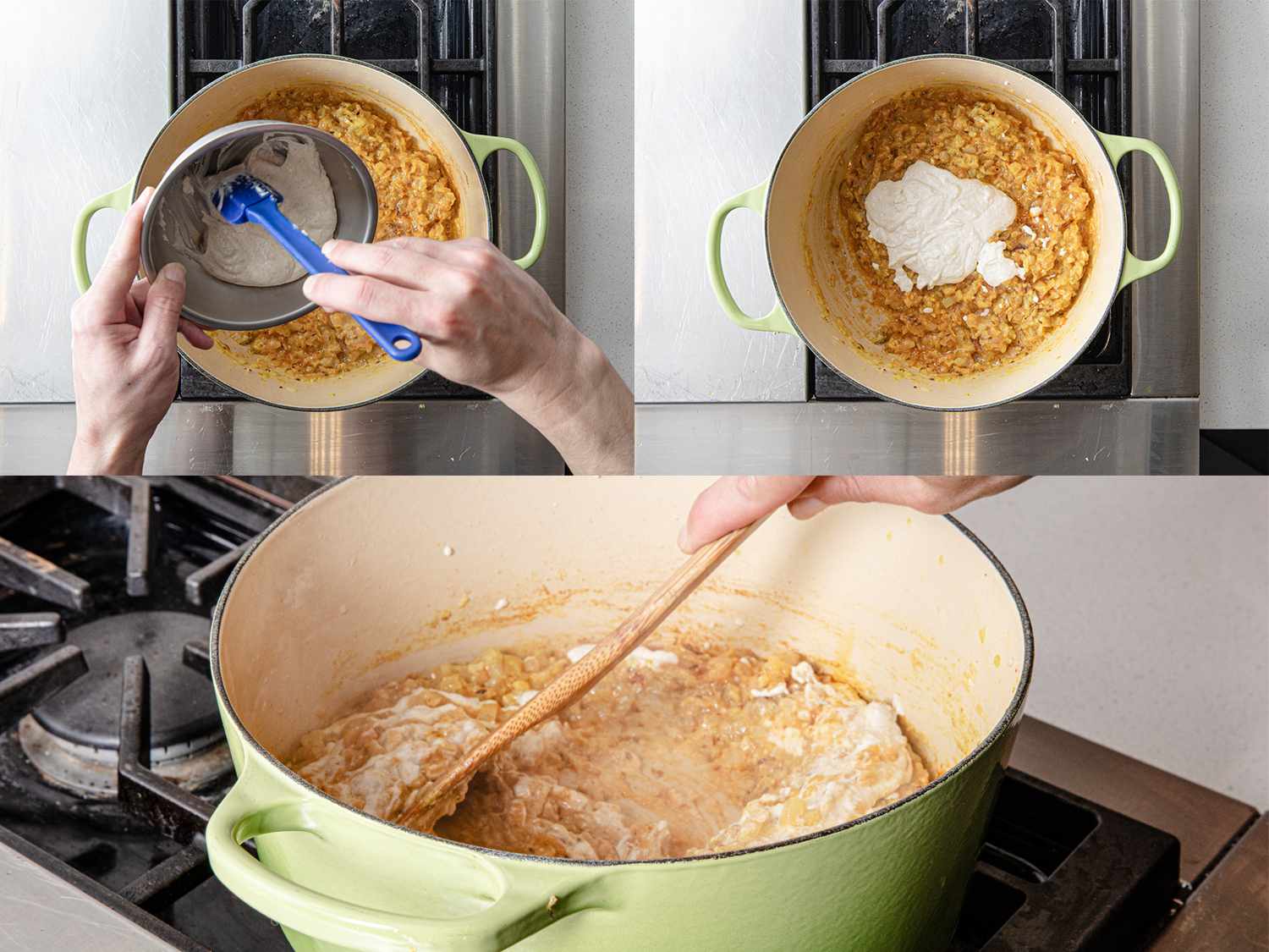 Three Image collage. Top two images shot from overhead view of cashew mixture being added to qorma. Bottom image, shot from side angle, of a hand stirring the mixture. 