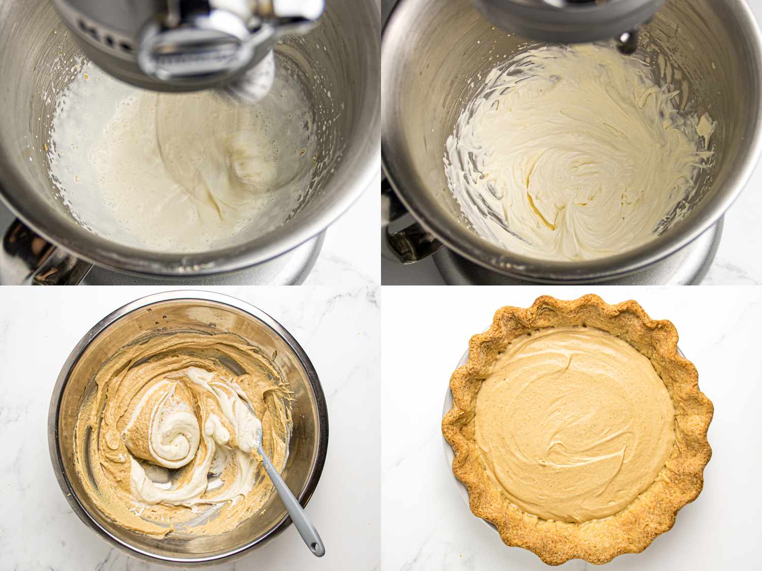 A sequence showing the preparation of a peanut butter jelly pie with steps including mixing ingredients and the final filled crust
