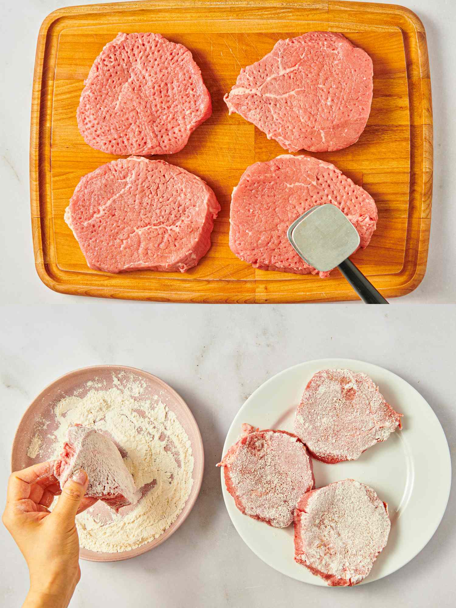 Raw tenderized beef pieces on a cutting board a plate with seasoned flour and one piece being coated by hand