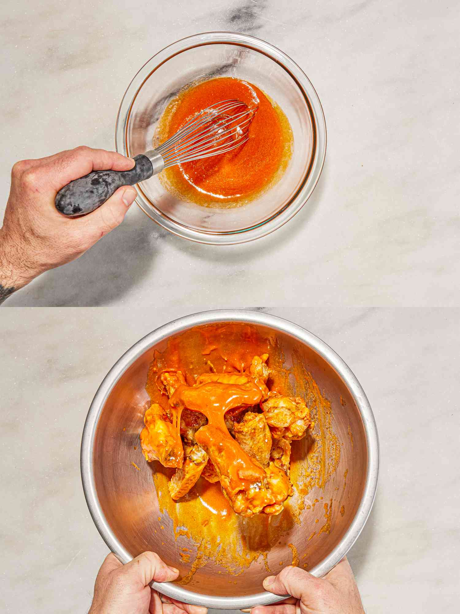 Overhead view of whisking sauce and tossing air fried wings in it