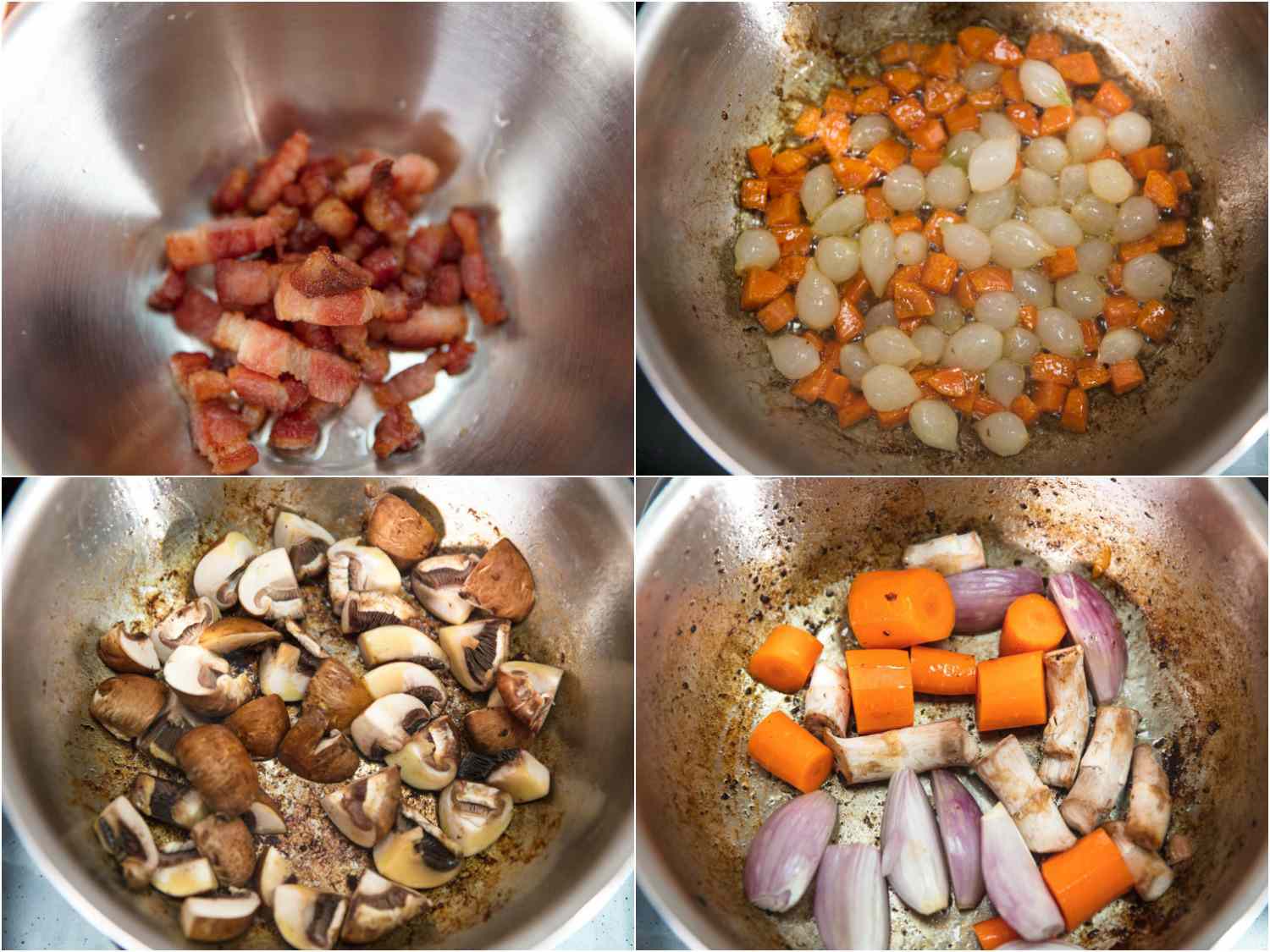 Collage of crisped bacon pieces, sauteed diced carrots and pearl onions, sliced mushroom, and chunks of carrot, shallot, mushroom stems