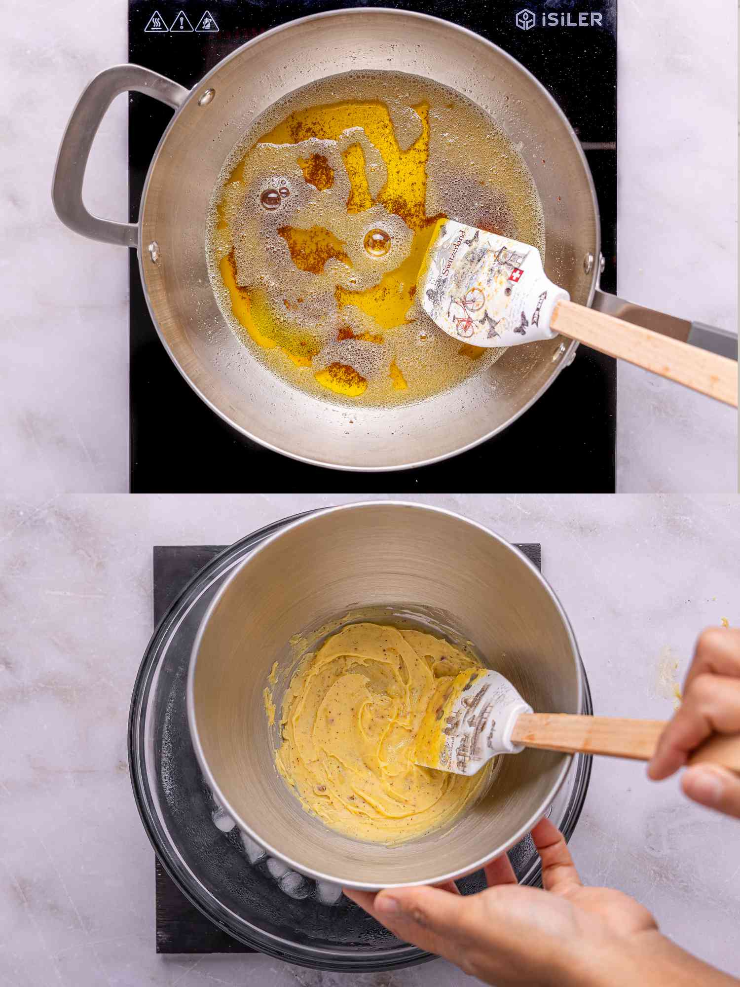 Two-step process. Top: butter melting in a pan. Bottom: batter mixing in a bowl