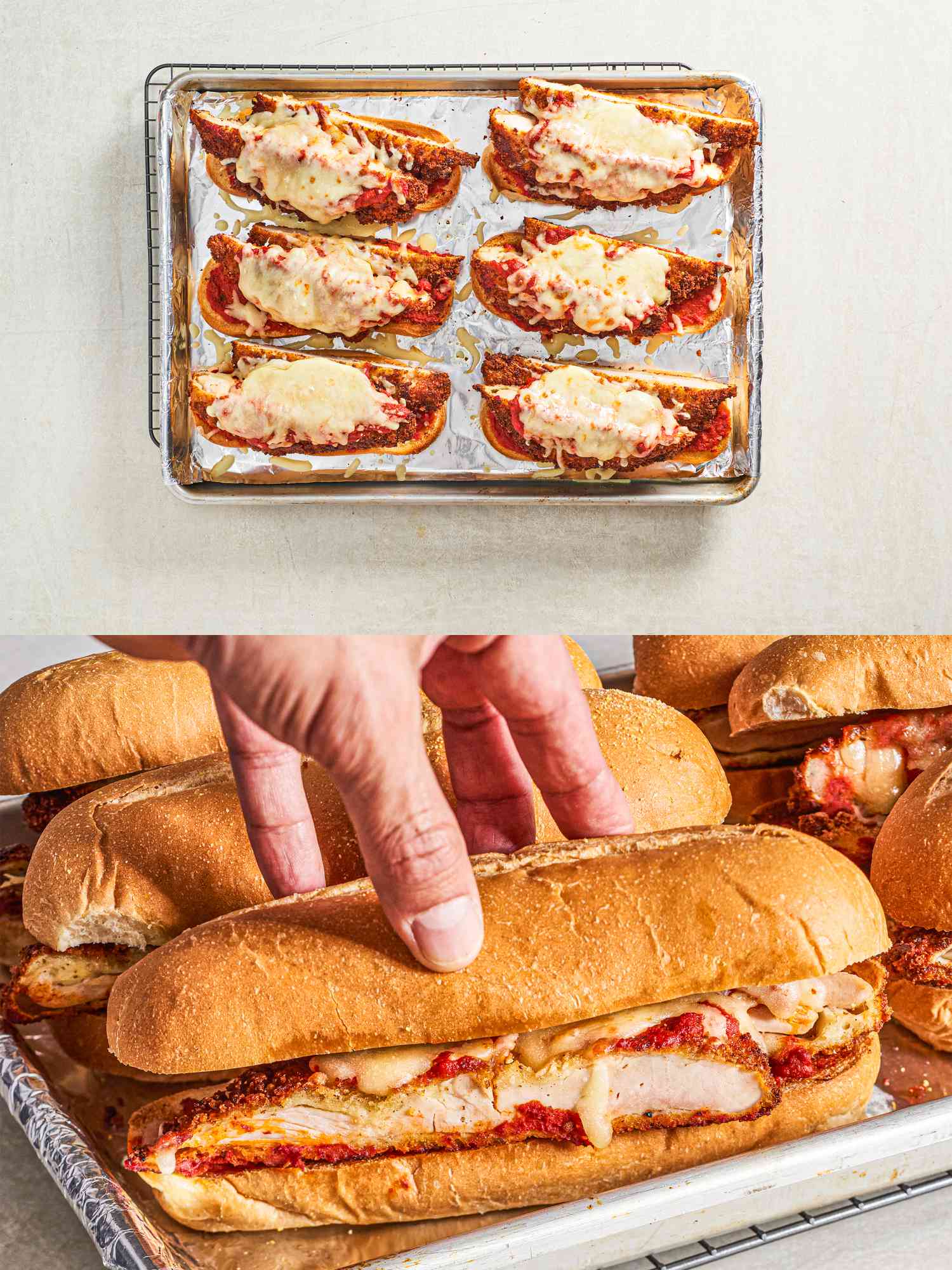 Two image collage of finishing sandwiches 