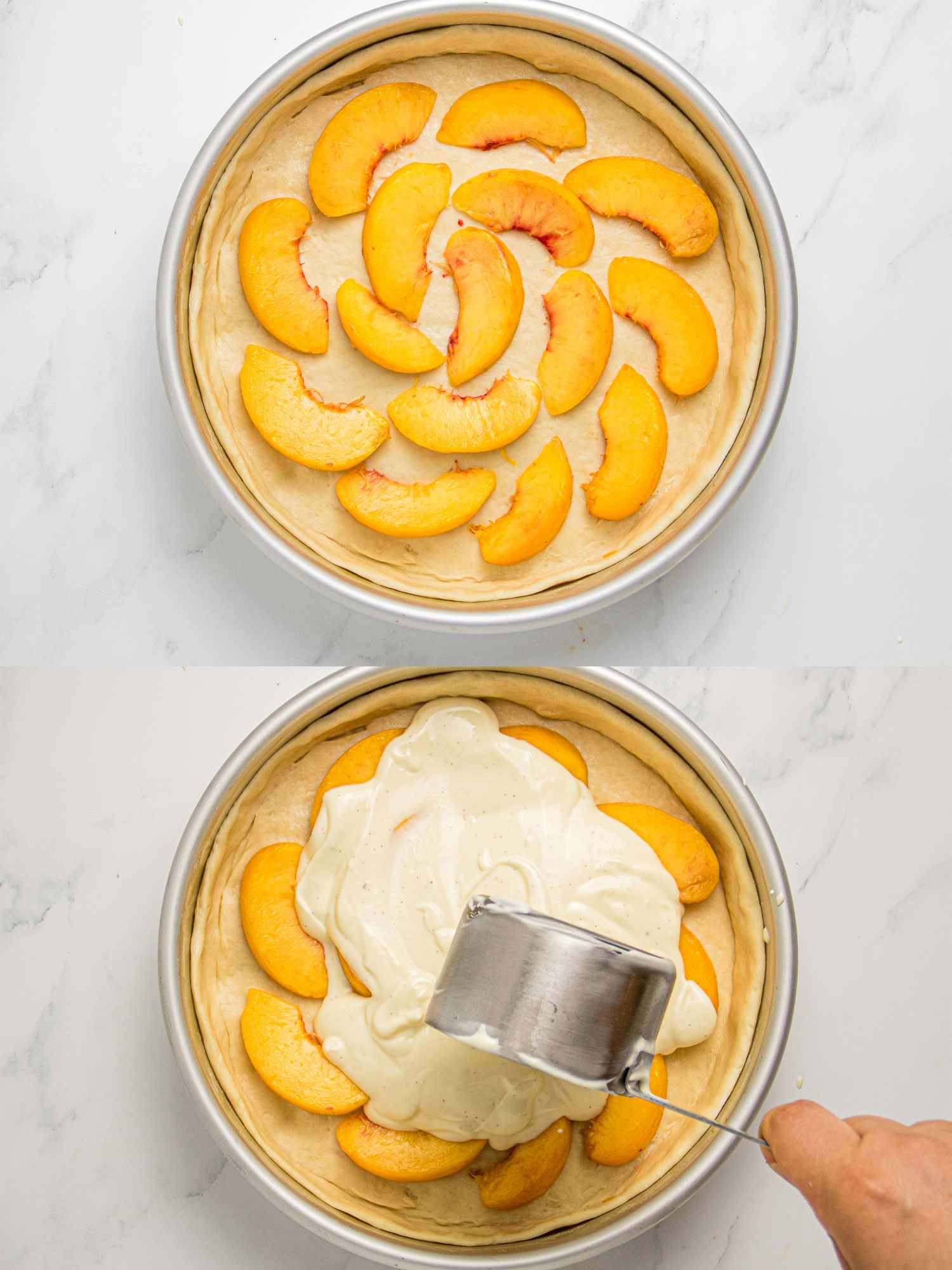 Steps in preparing a fruit dessert peaches in a baking pan followed by pouring cream mixture over them