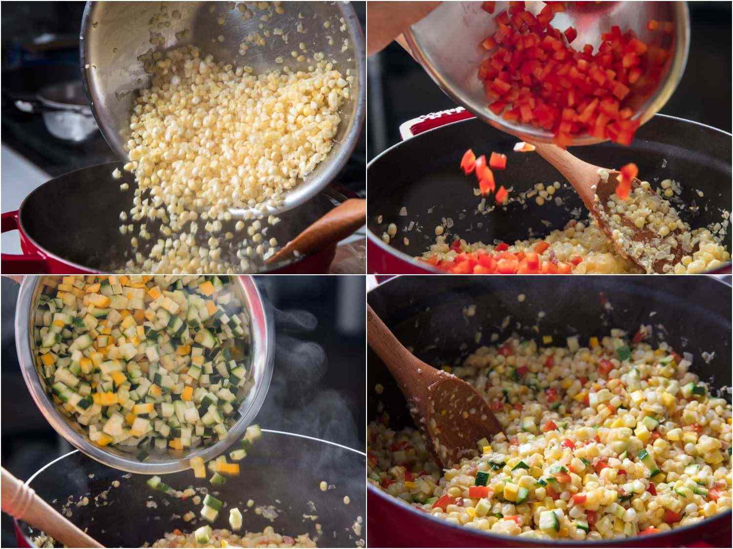A four-image collage showing adding corn kernels to Dutch oven, followed by red peppers and squash; sautéing corn, bean, and vegetable mixture together.