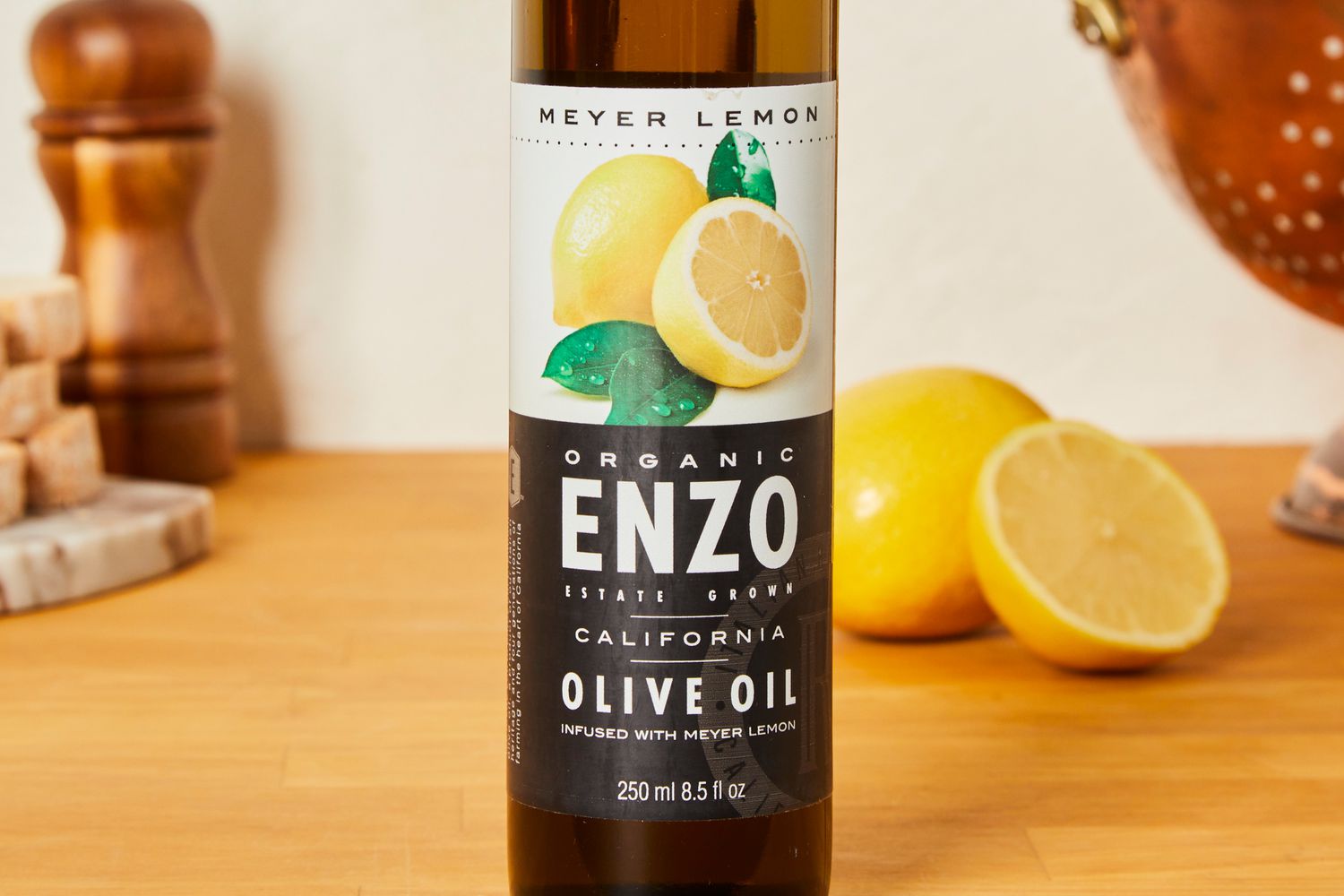 A bottle of Meyer lemon olive oil.