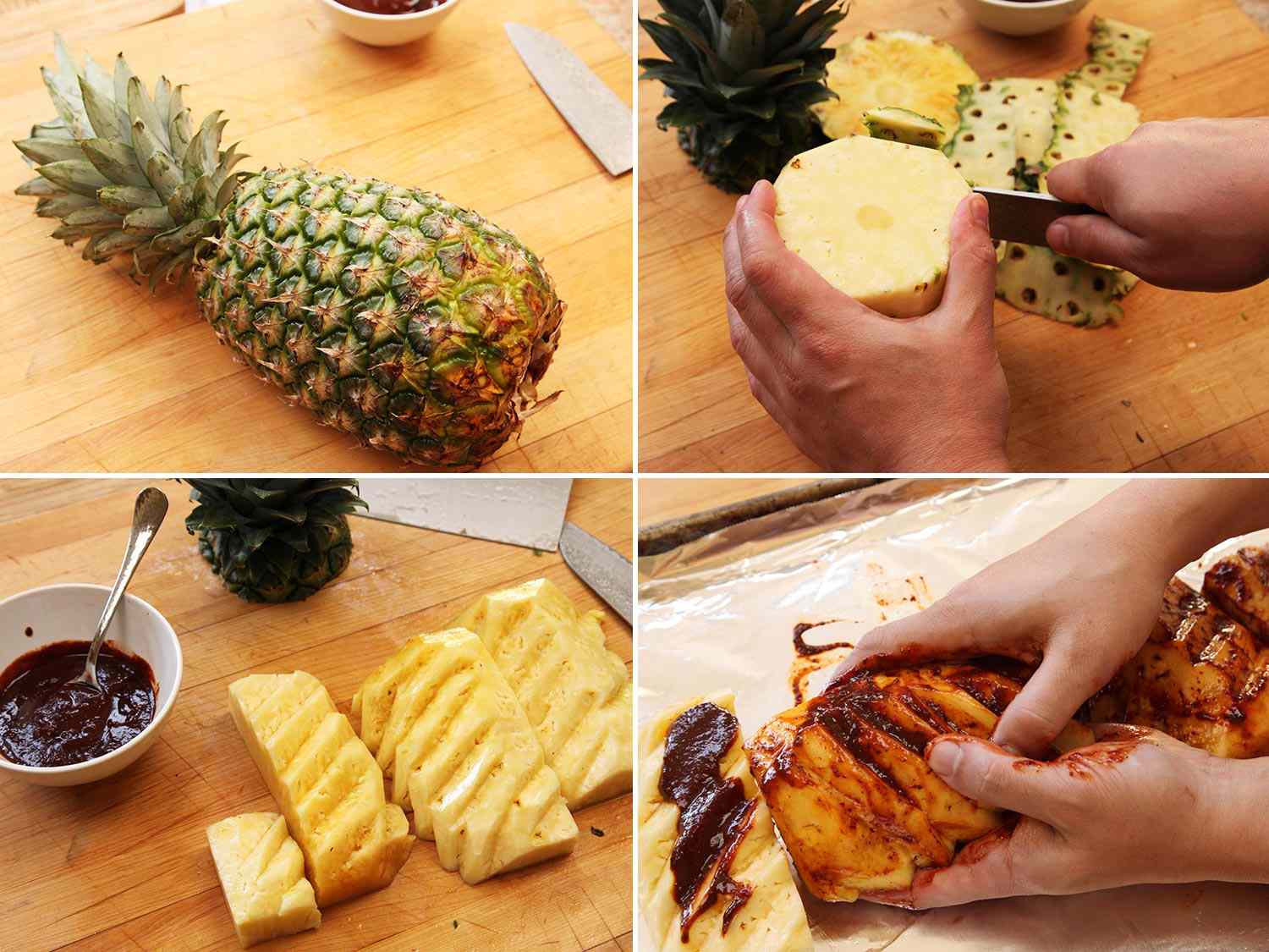 Collage of cutting the skin and eyes off of a whole pineapple, cutting it into quarters, and rubbing it with adobo paste.