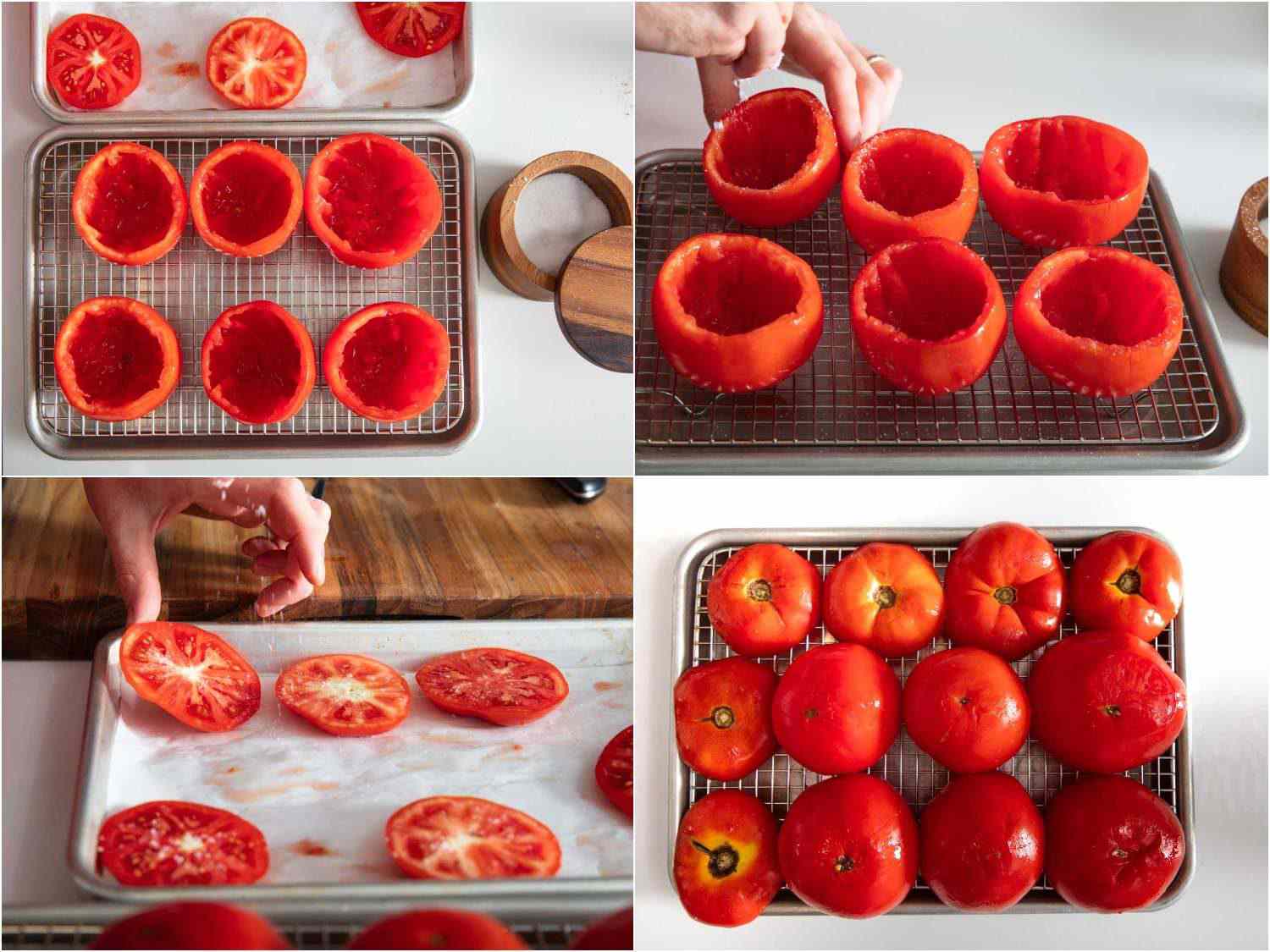 Collage of four images showing salting hollowed out tomatoes and placing them upside down on a wire rack-lined baking sheet to drain them of excess moisture.