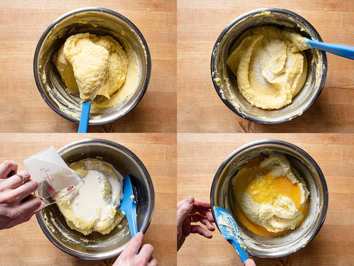 Cream and eggs being added to potato mash.