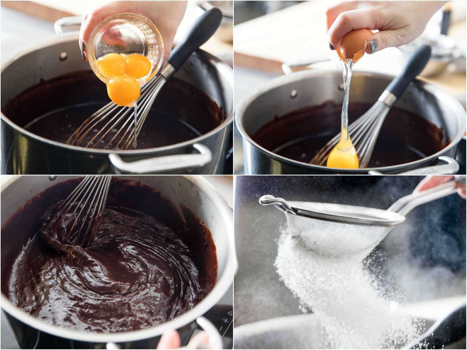 Photo collage showing adding eggs and sifting in dry ingredients to Devil's food cake batter.
