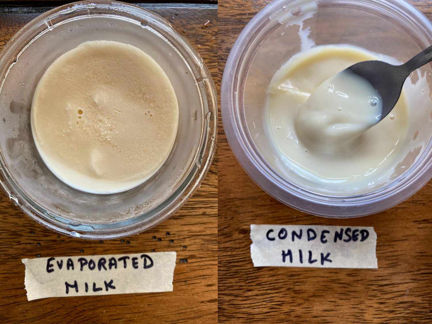 Side by side comparison of evaporate milk vs condensed milk