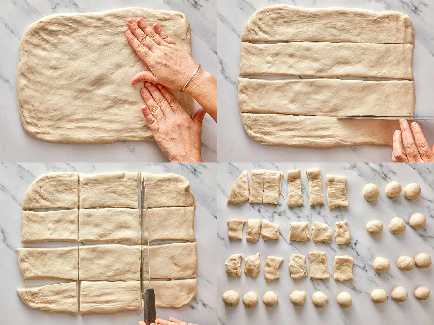 Steps to divide and roll dough into small portions showing hands shaping a dough sheet and dividing it into uniformly sized balls