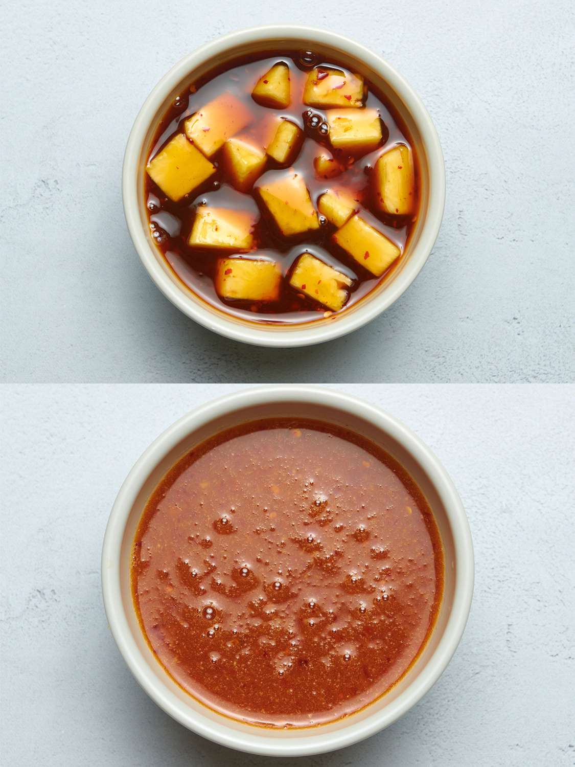 A two-image collage. The top image shows whole pineapple chunks added to sauce, inside of a white ceramic bowl. The bottom shot shows the glossy sauce after the pineapple is pureed into it.