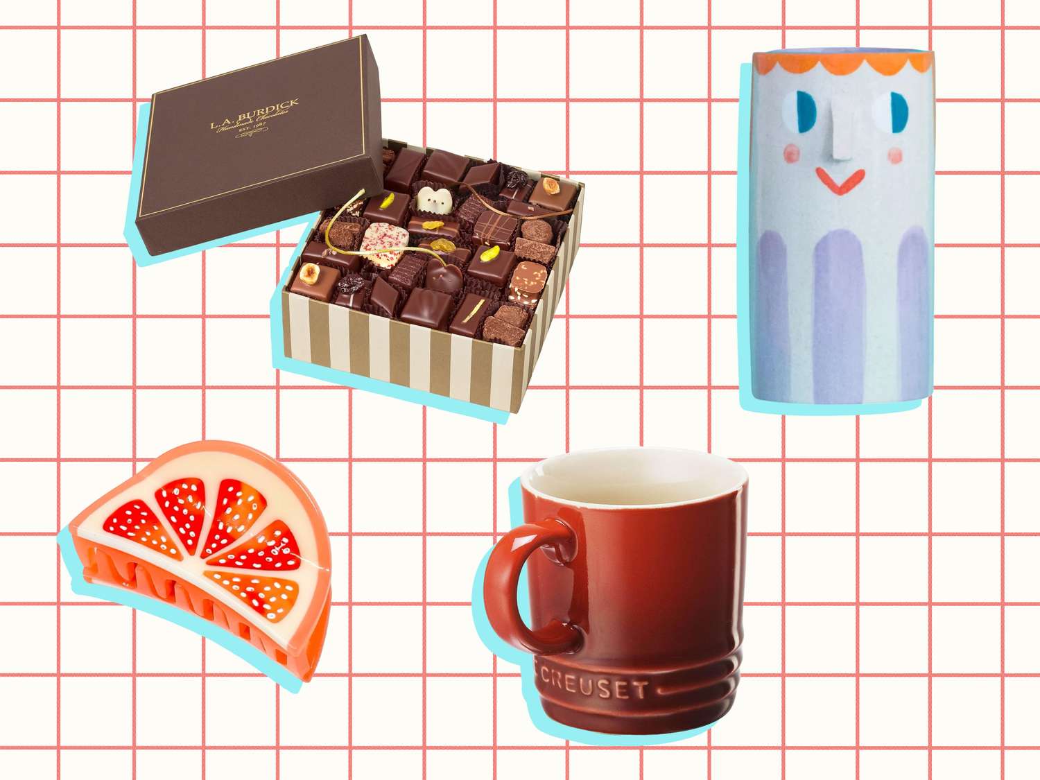 L.A. Burdick Everyday Chocolate Assortment, Jenny Lemons Mini Grapefruit Slice Hair Claw Clip, Ana Seixas Girl with Stripes Ceramic Vase, and Le Creuset Stoneware Espresso Mug on a grid background