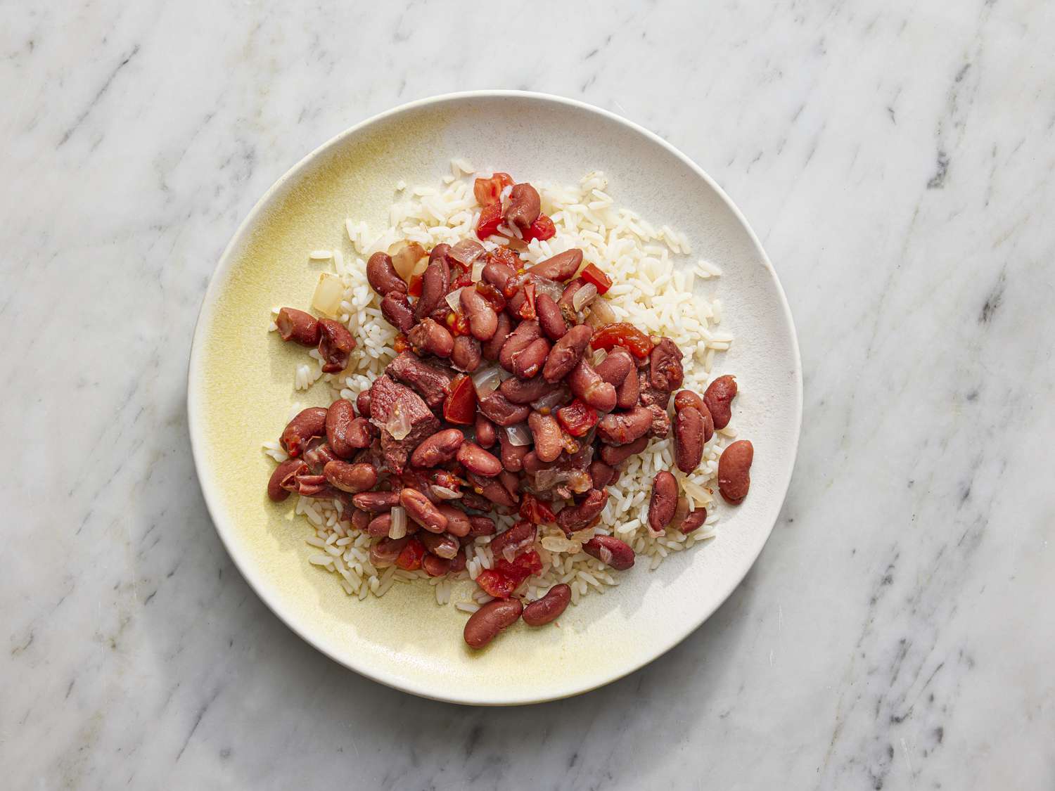 Overhead view of Colombian beans and rice