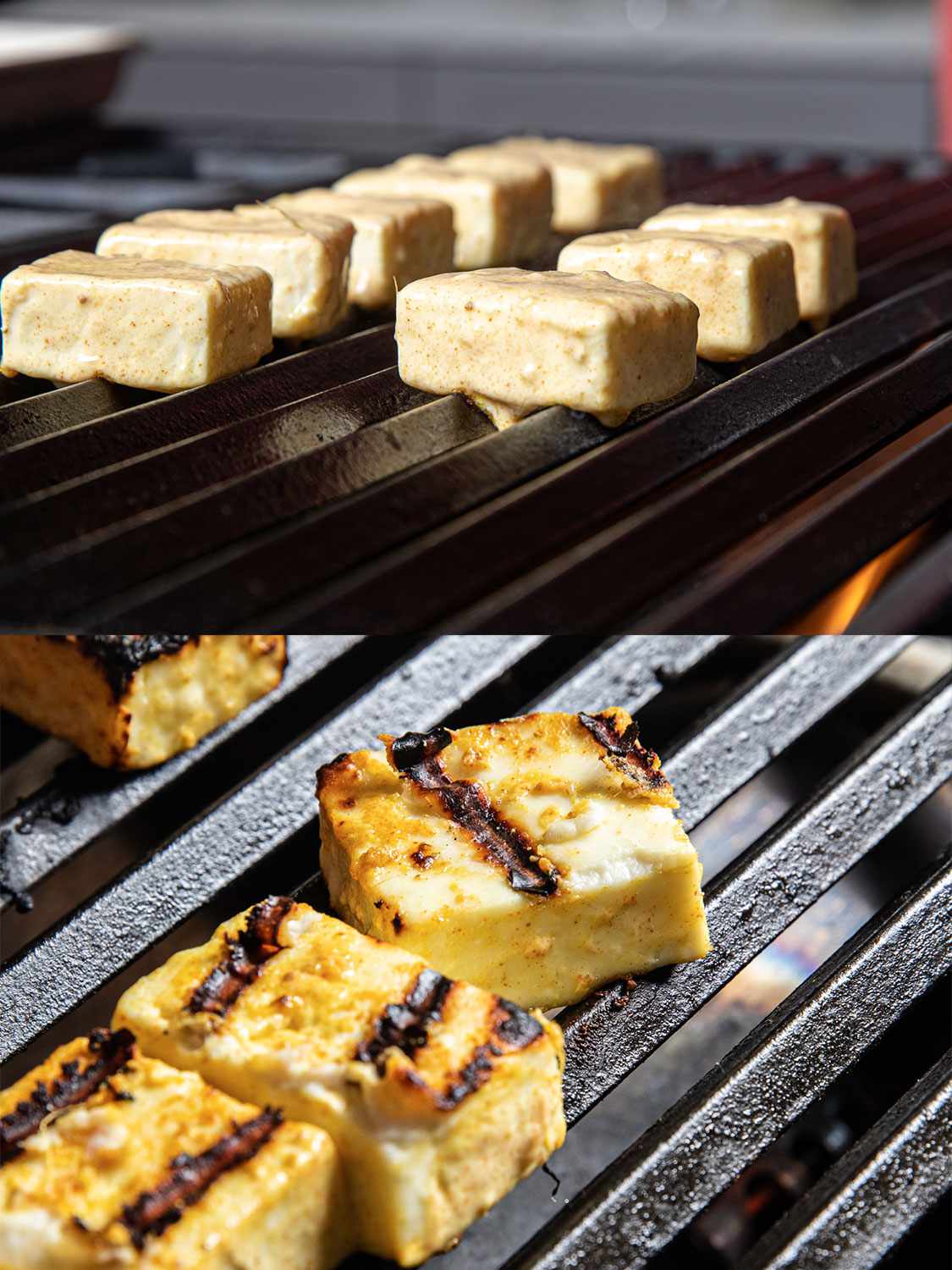 Two Image Collage. Top Image: Marinaded Paneer on grilled, seen from side angle. Bottom: Grilled paneer on grill, showing off grill marks