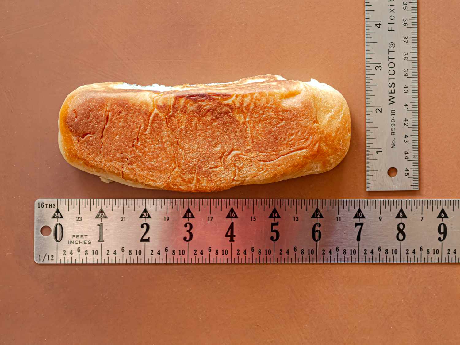 Overhead view of measuring hotdog 