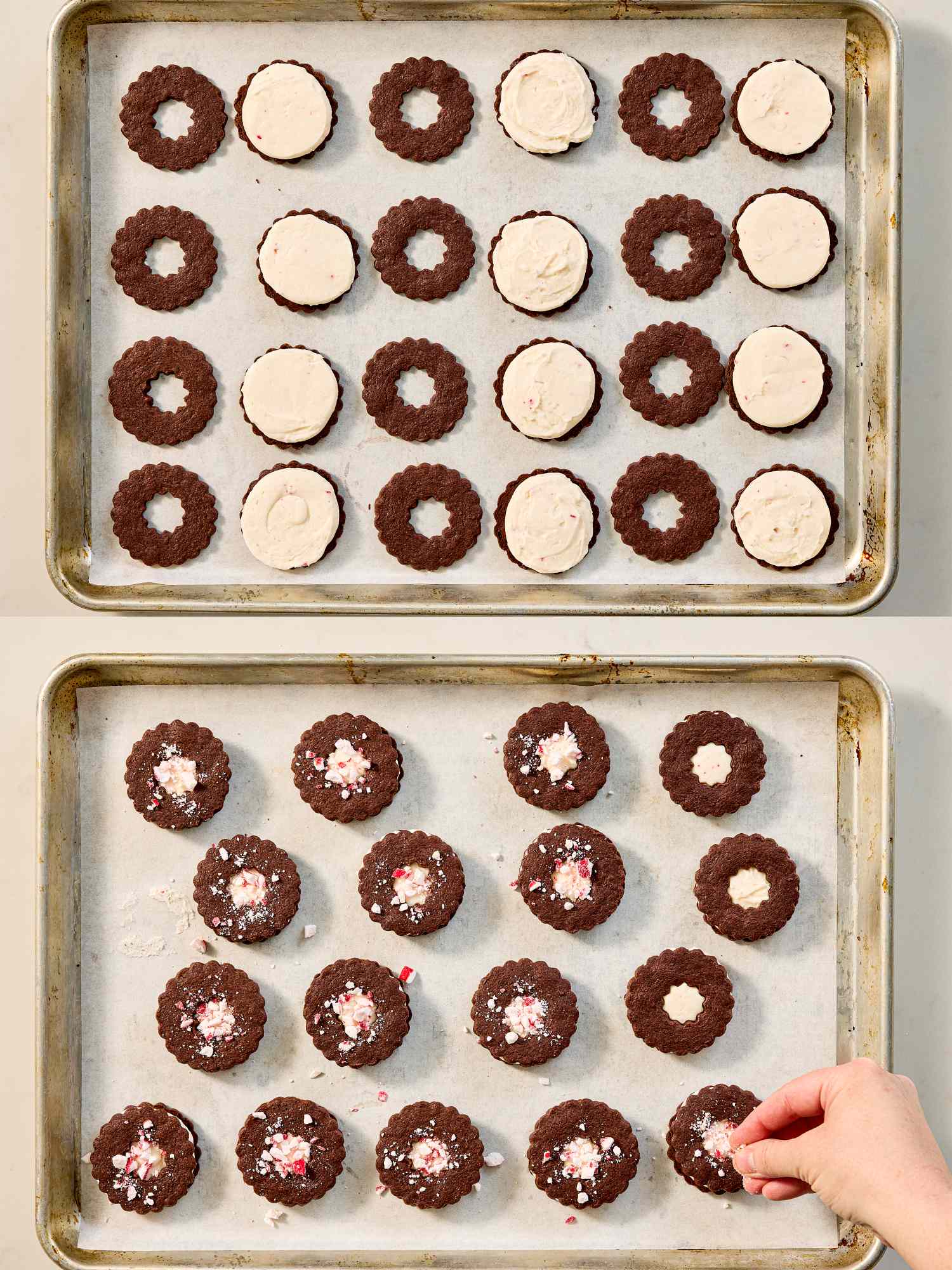 Two trays of cookies top tray shows cookies with cream fillings being assembled bottom tray shows completed cookies with peppermint