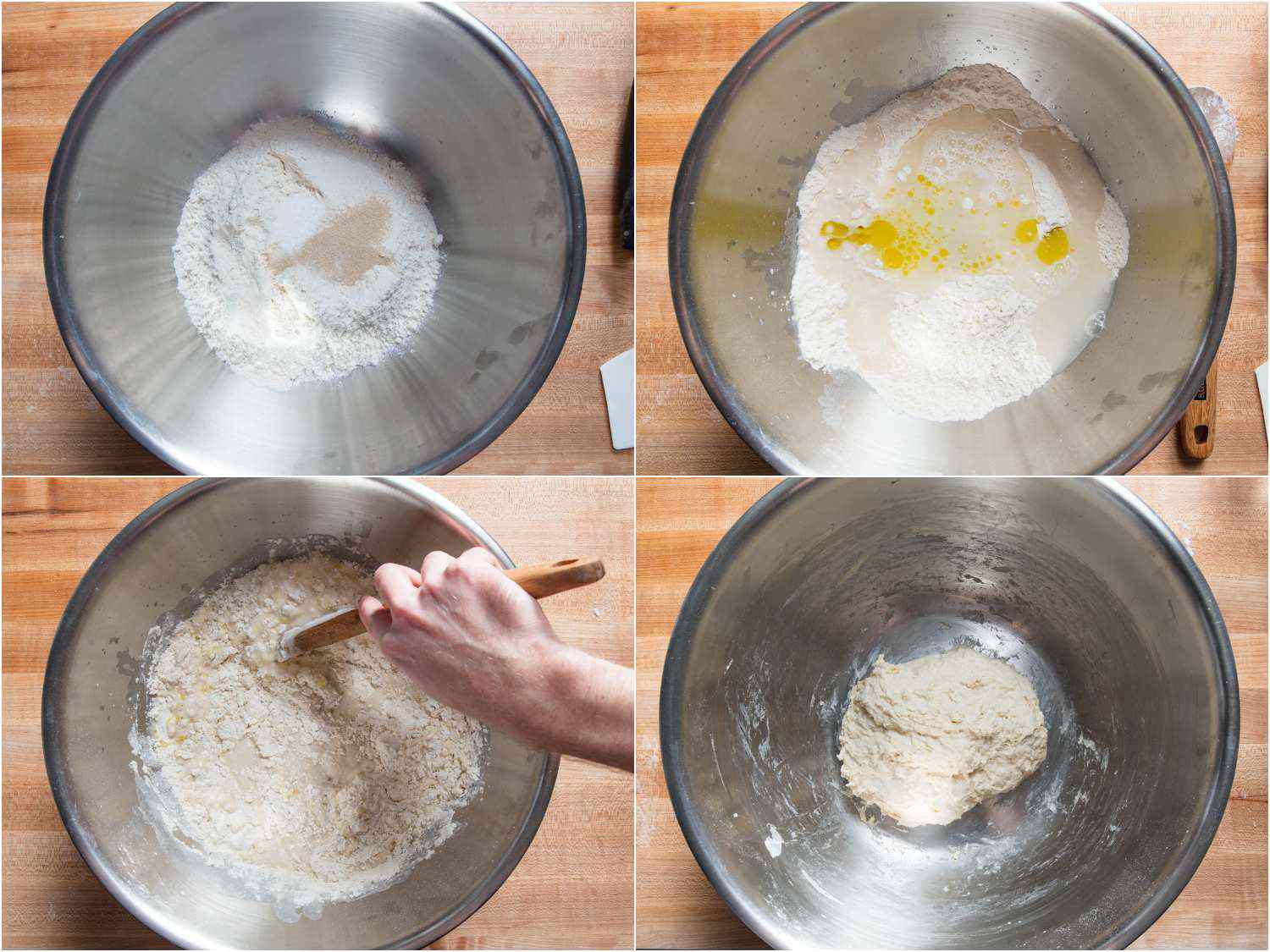 Collage of various steps of mixing pizza dough ingredients in metal bowl.