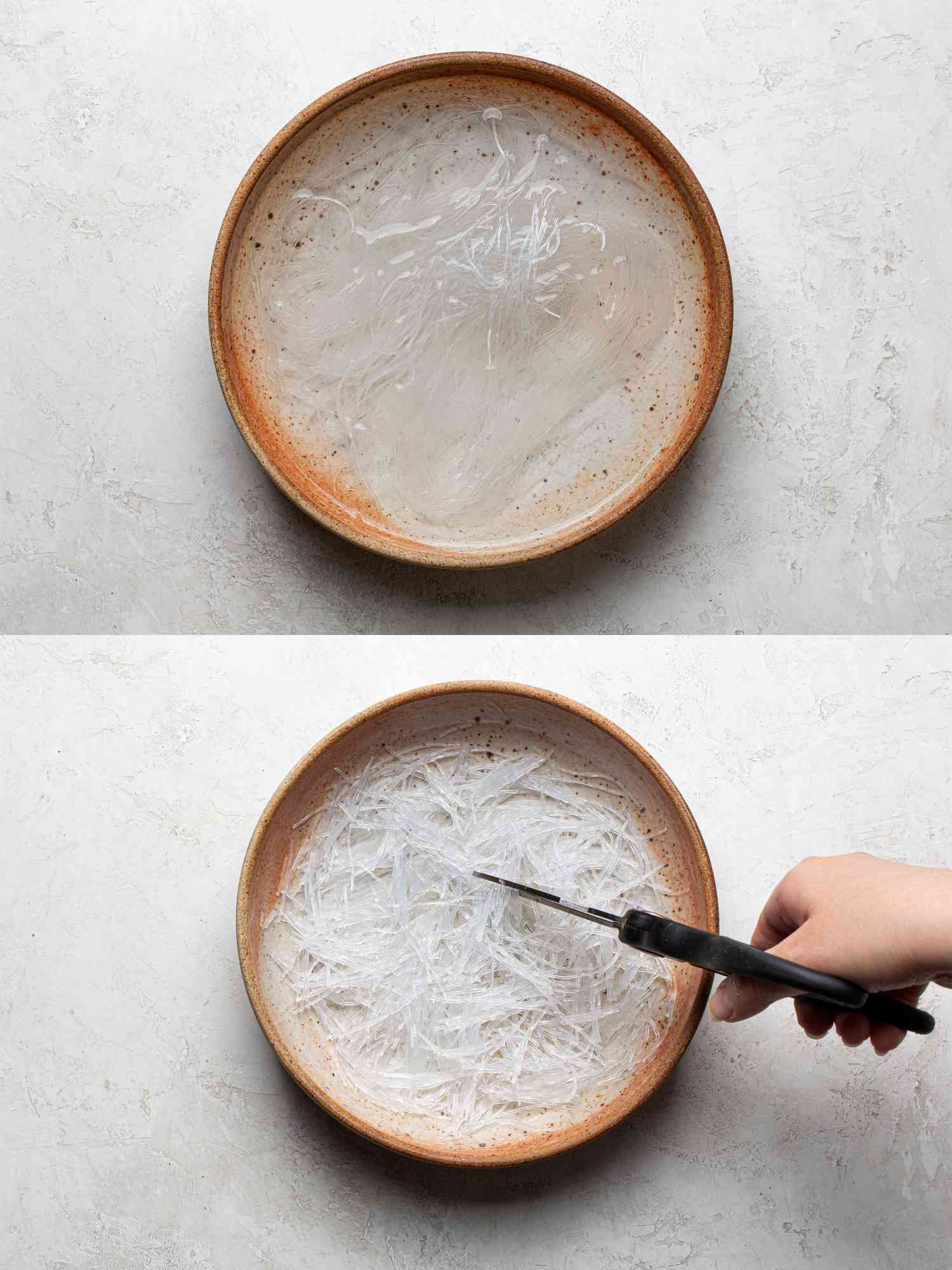 Two image collage of noodles being soaked and cut with scissors