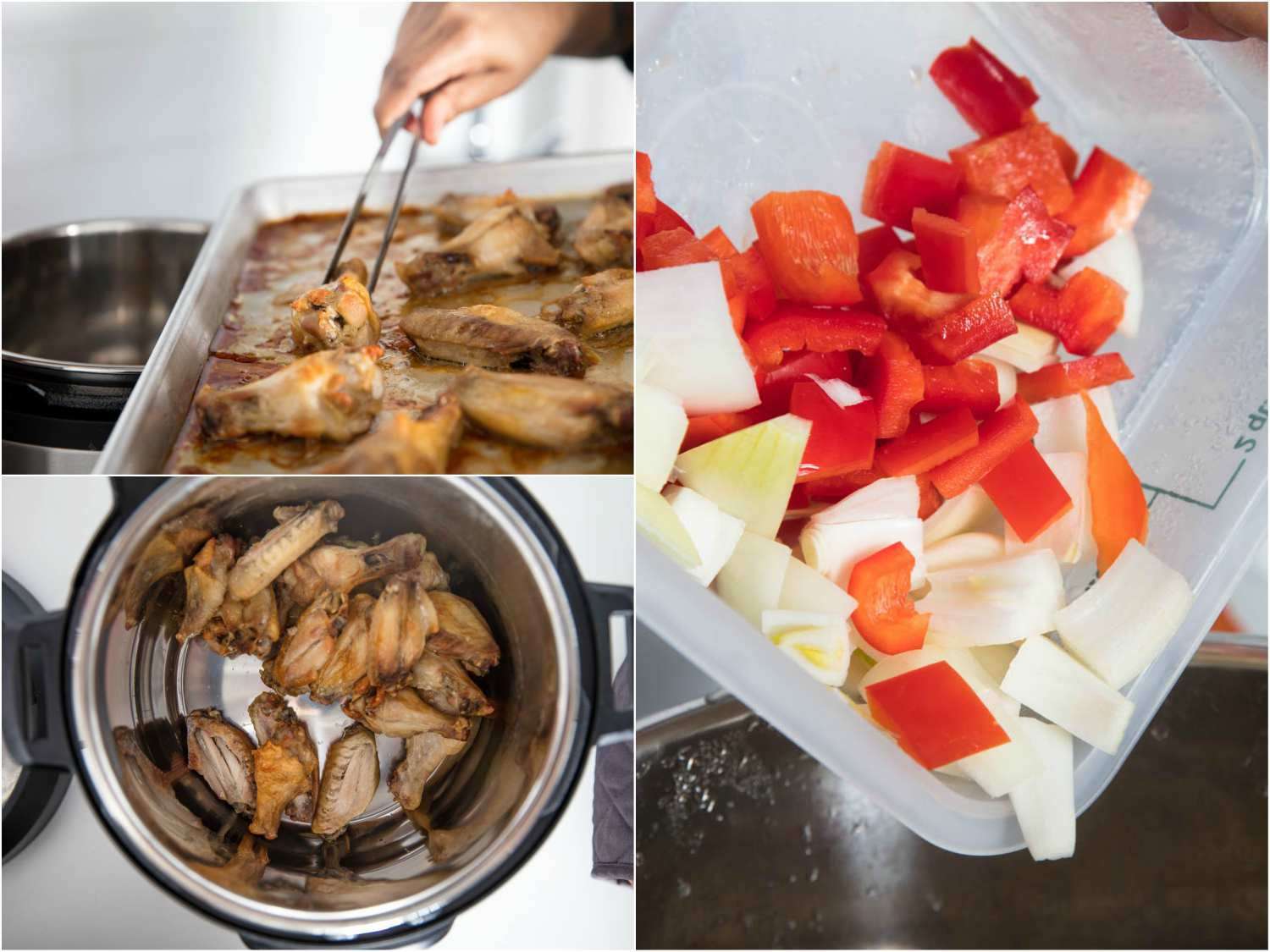 A three-image collage: The top left image shows pouring the juices off of a sheet pan containing roasted chicken wings. The bottom left image shows the wings have been placed at the bottom of a pressure cooker. The right image shows onions and bell peppers being dropped into the pressure cooker. 