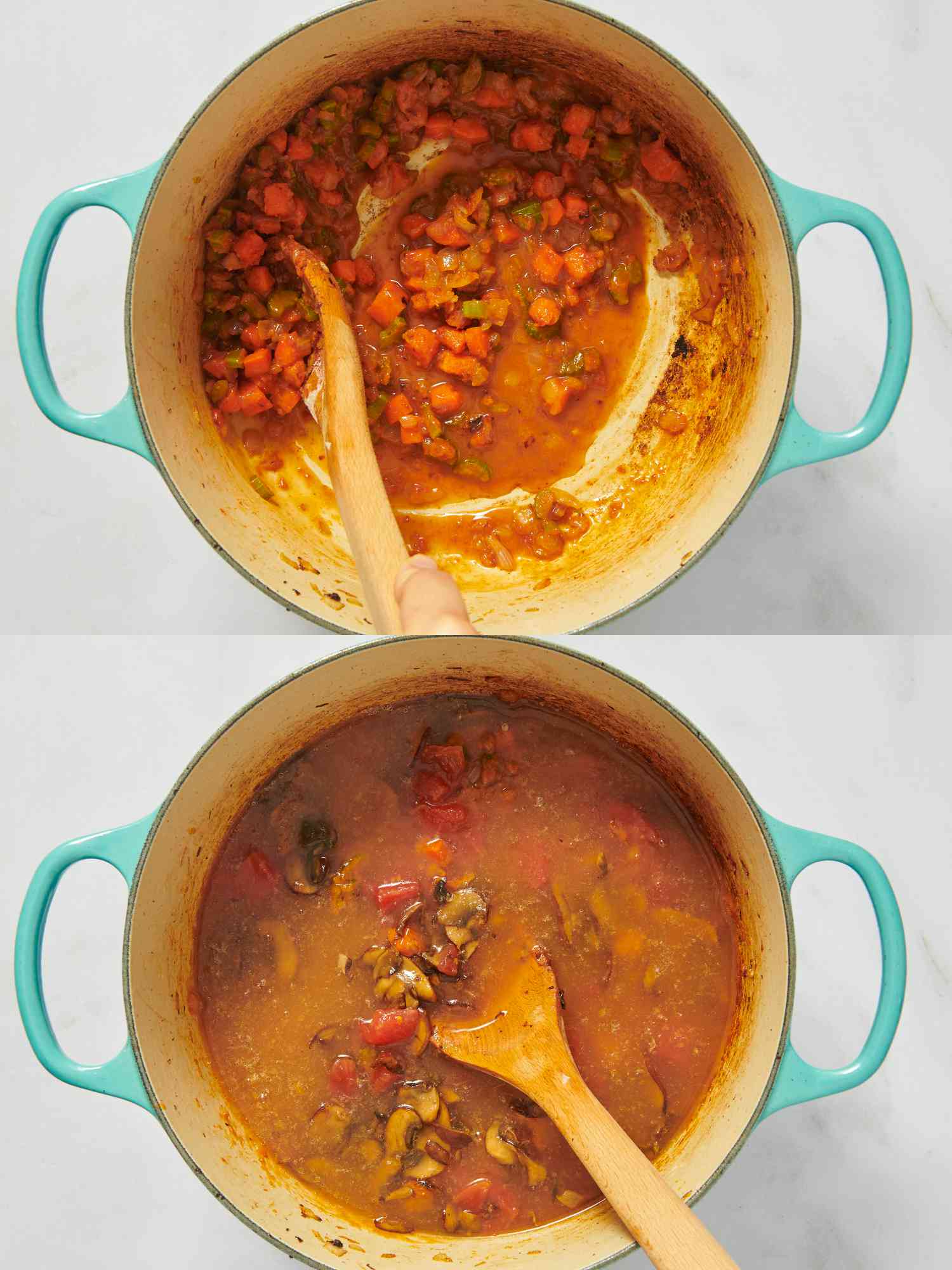 2 image collage. Top: stirring tomato sauce into sauteed veggies in dutch oven.Bottom: Stirring in broth to veggies in dutch oven 