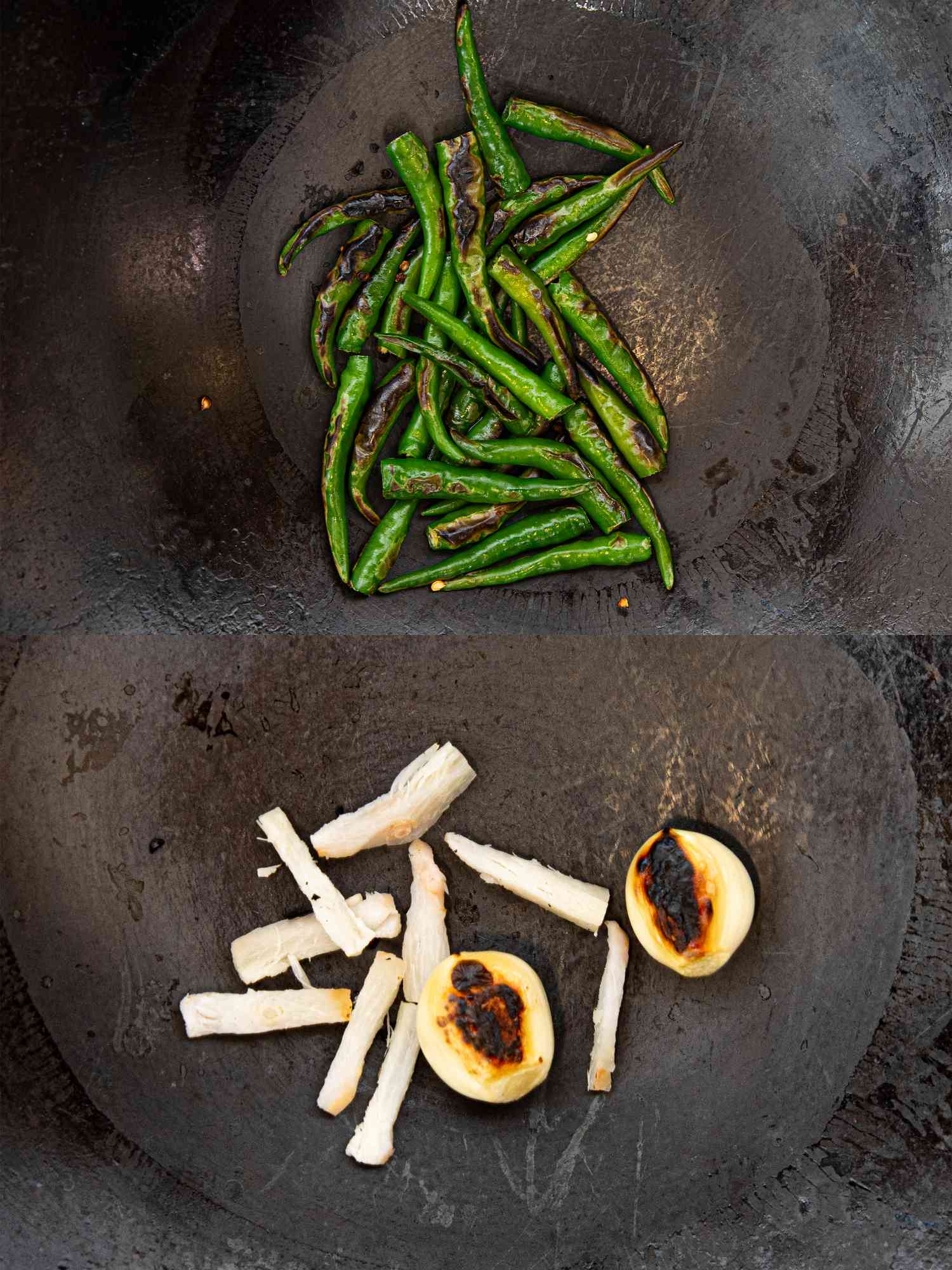 Two image collage of frying chiles and garlic in a wok