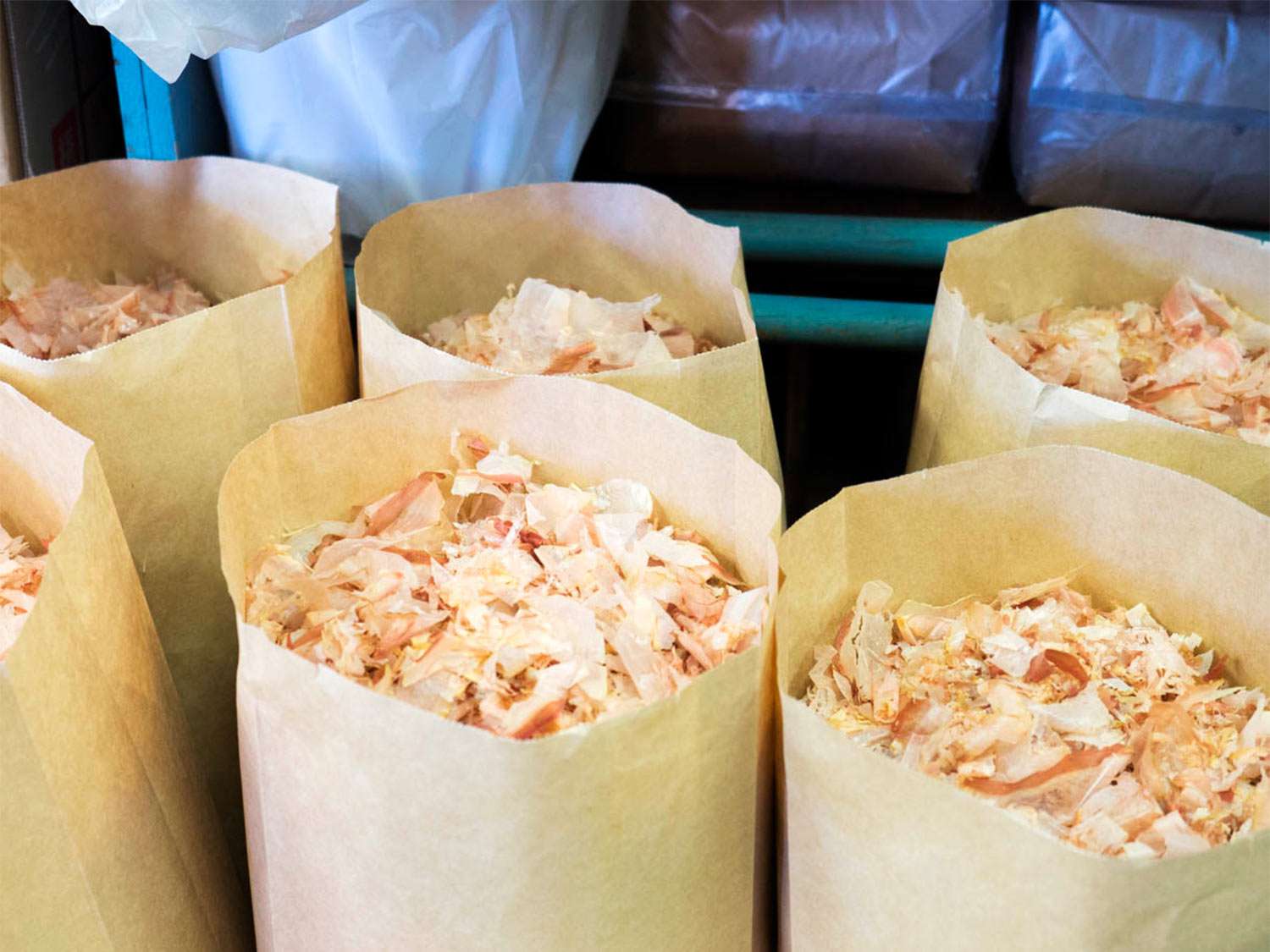 Open bags of shaved katsuobushi