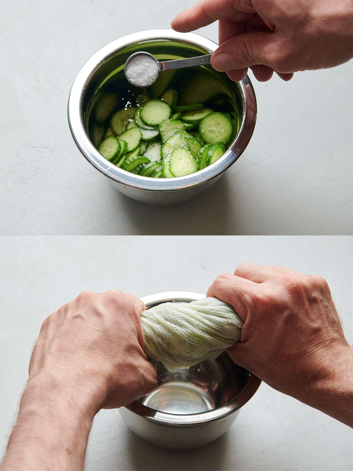 A two-image collage. The top image shows a hand holding a metal measuring spoon holding kosher salt, which is being sprinkled over a stainless steel bowl holding sliced coins of Persian cucumber. The bottom image shows two hands wringing out paper towels holding the salt-coated cucumbers. The hands are extracting liquid from the cucumbers.