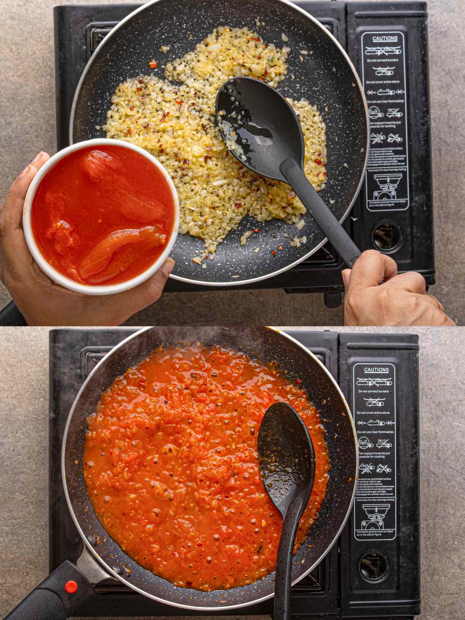 Adding tomato sauce to a pan with sauted onions and garlic then stirring to combine