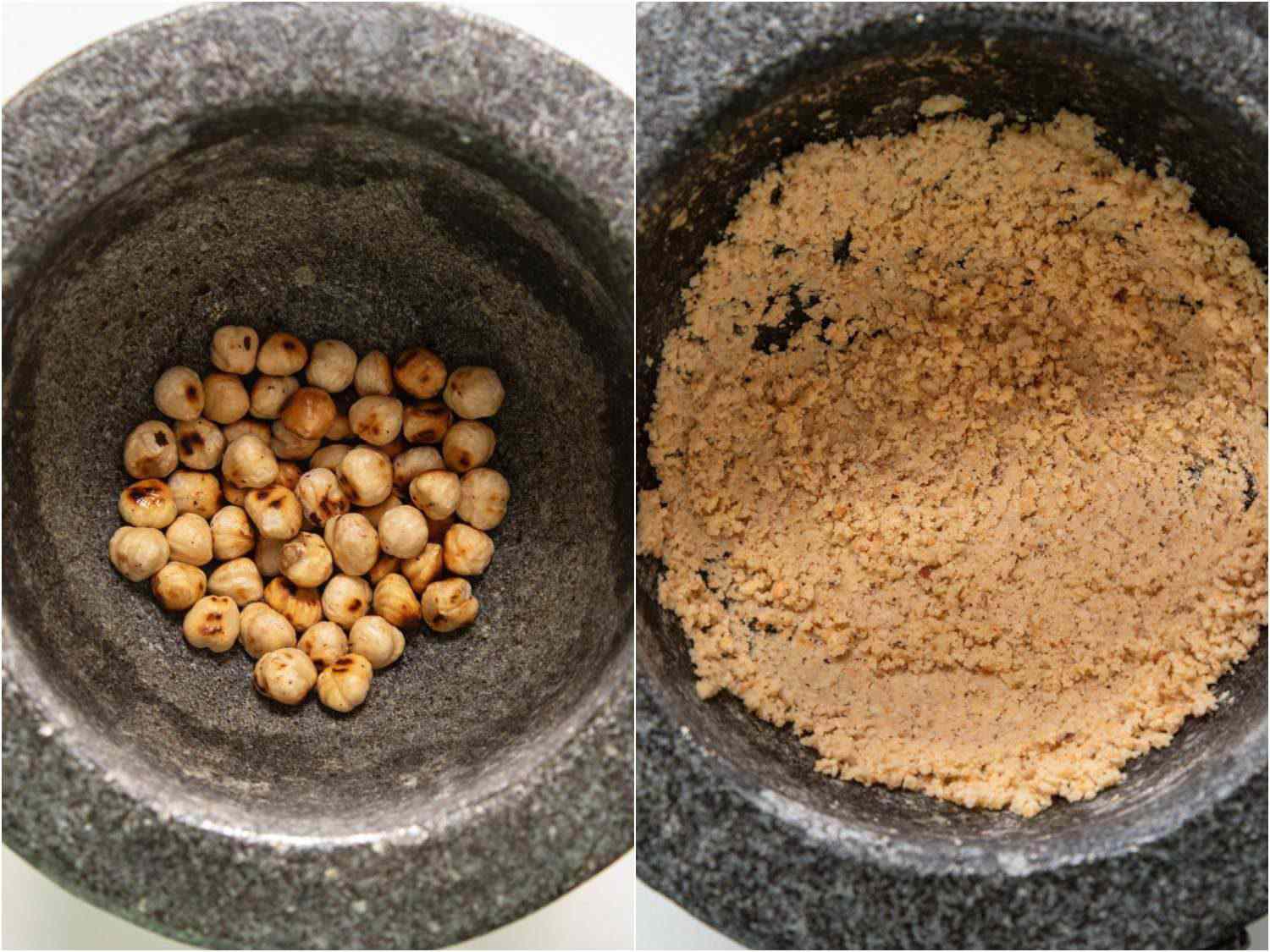 Side by side photos of toasted hazelnuts in a mortar and hazelnuts ground to a coarse powder in the mortar