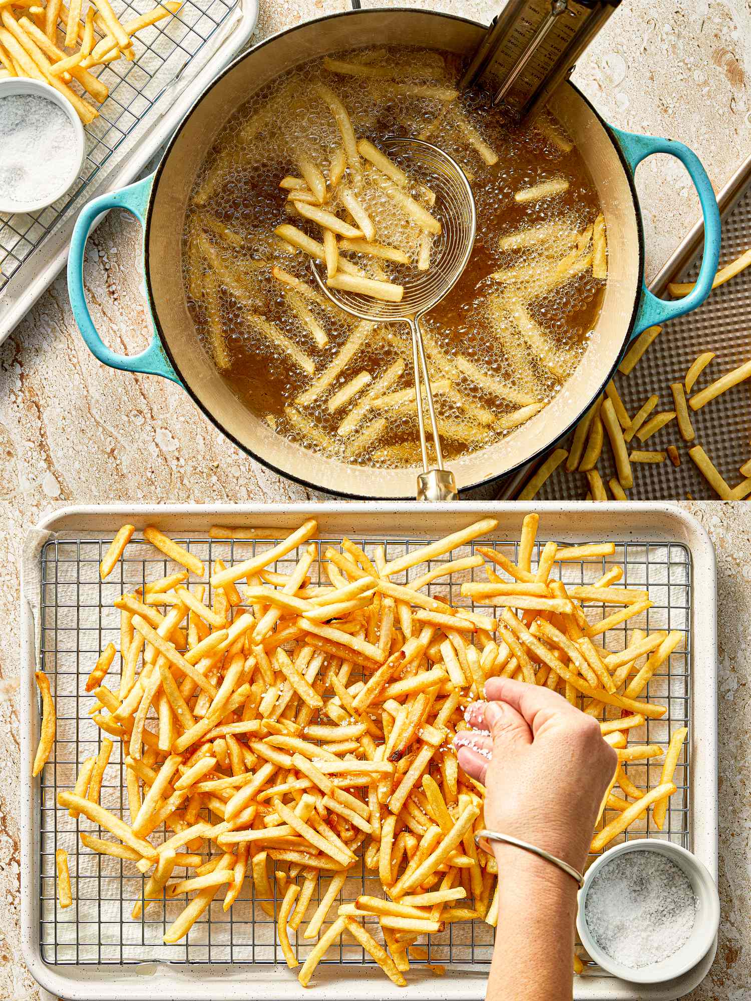 Two images demonstrating the preparation of friesone in a deep fryer and another on a cooling rack with added seasoning