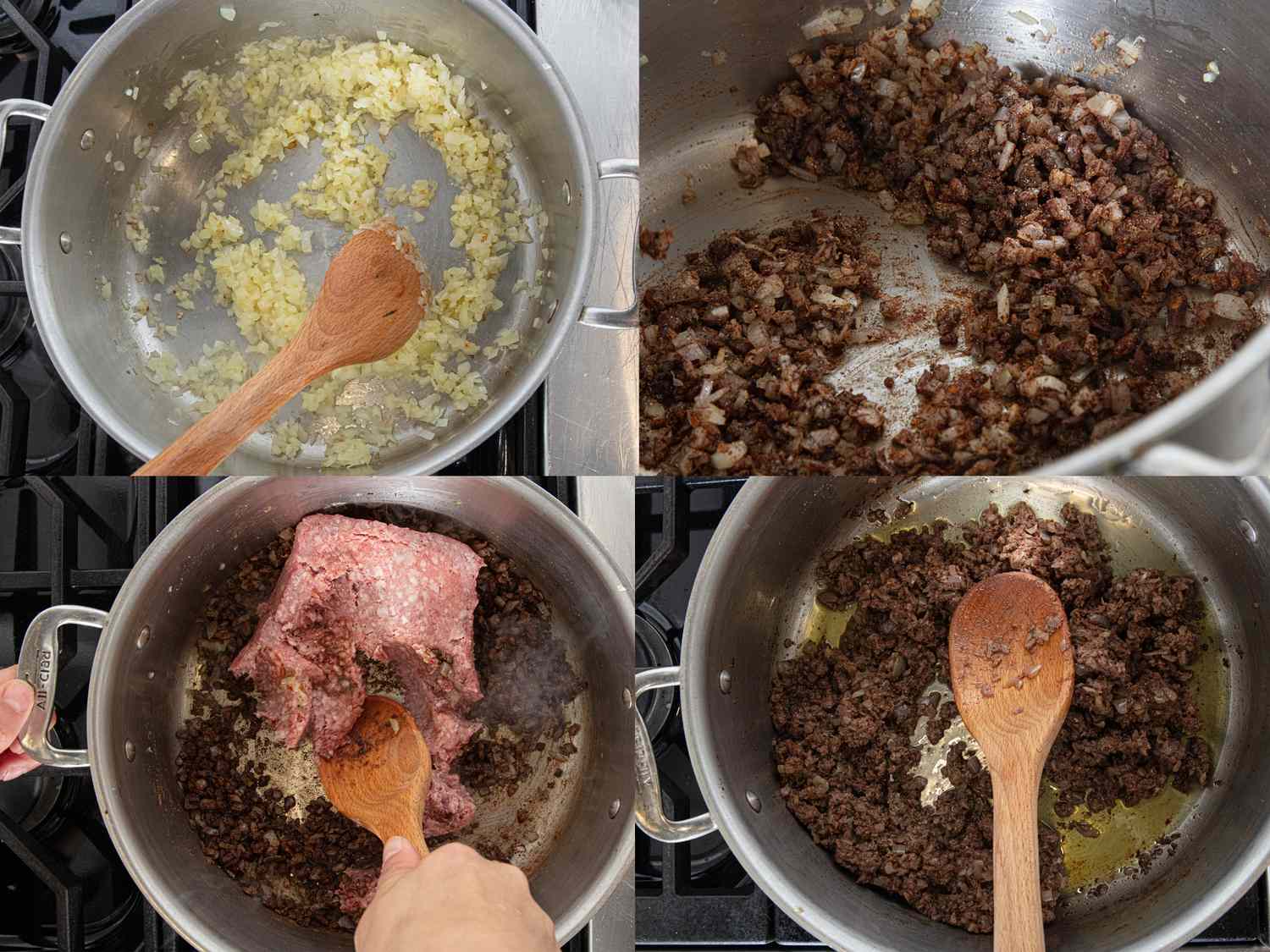 Steps for preparing a dish in a pot showing onion sauting ground meat addition and browning stages
