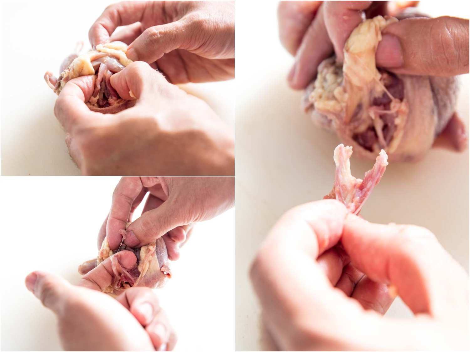Collage of three images showing removing the wishbone of a quail as part of the deboning process