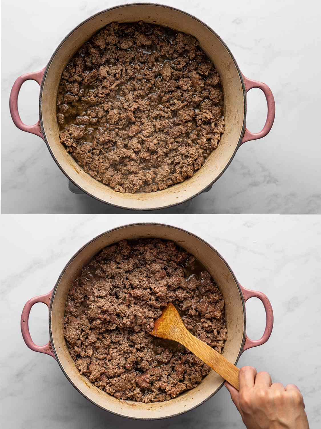 A two-image collage. The top image shows ground beef, pork, and lamb broken up inside large Dutch oven until no longer pink. The bottom image shows the pureed livers now stirred into the ground meats.