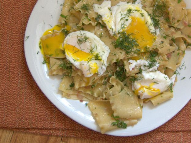 A plate of Torn Pasta Sheets With Brown Butter, Herbs, and Poached Eggs.