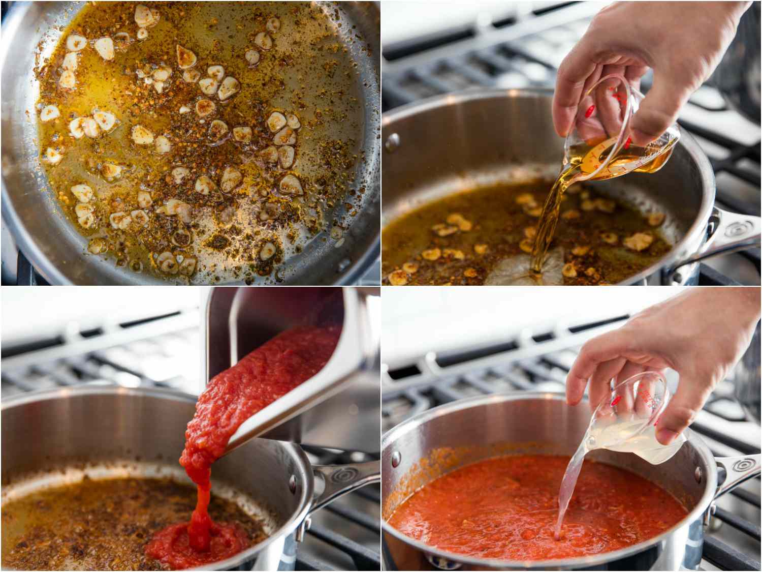 A four photo collage: sautéing garlic in olive oil, adding brandy to the skillet, adding tomatoes, and adding clam juice.