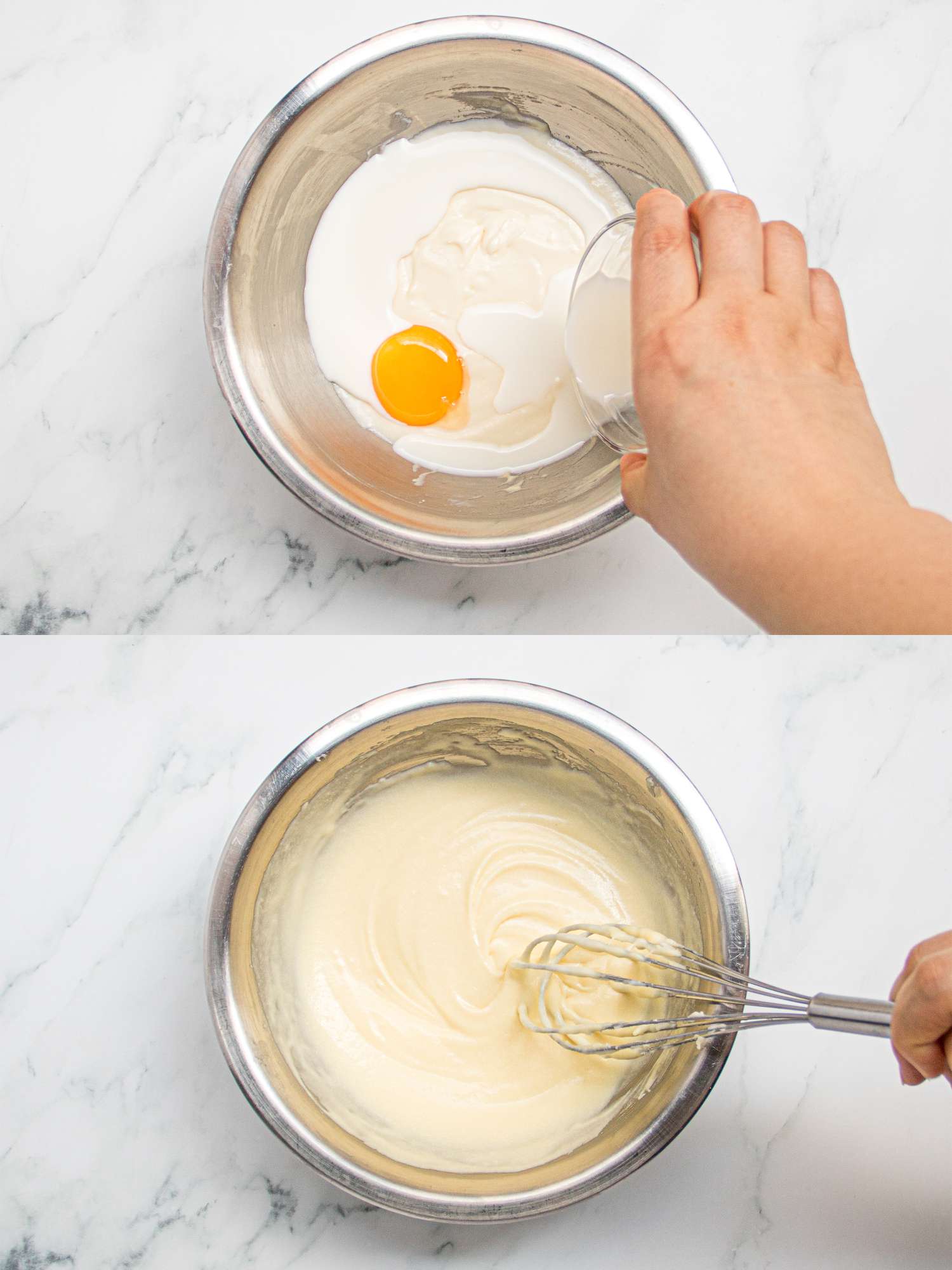 Two image collage of adding eggs and whisking together