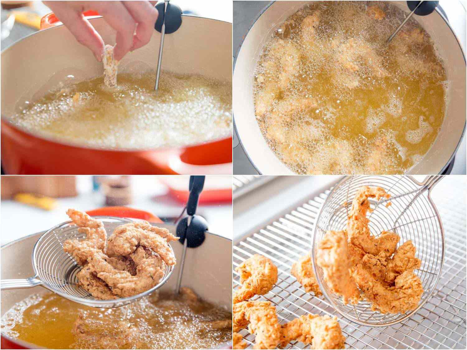 Process shots of deep frying shrimp.