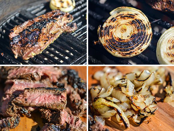 Collage of steak grilling, charred onion, sliced grilled steak, and chopped grilled onion