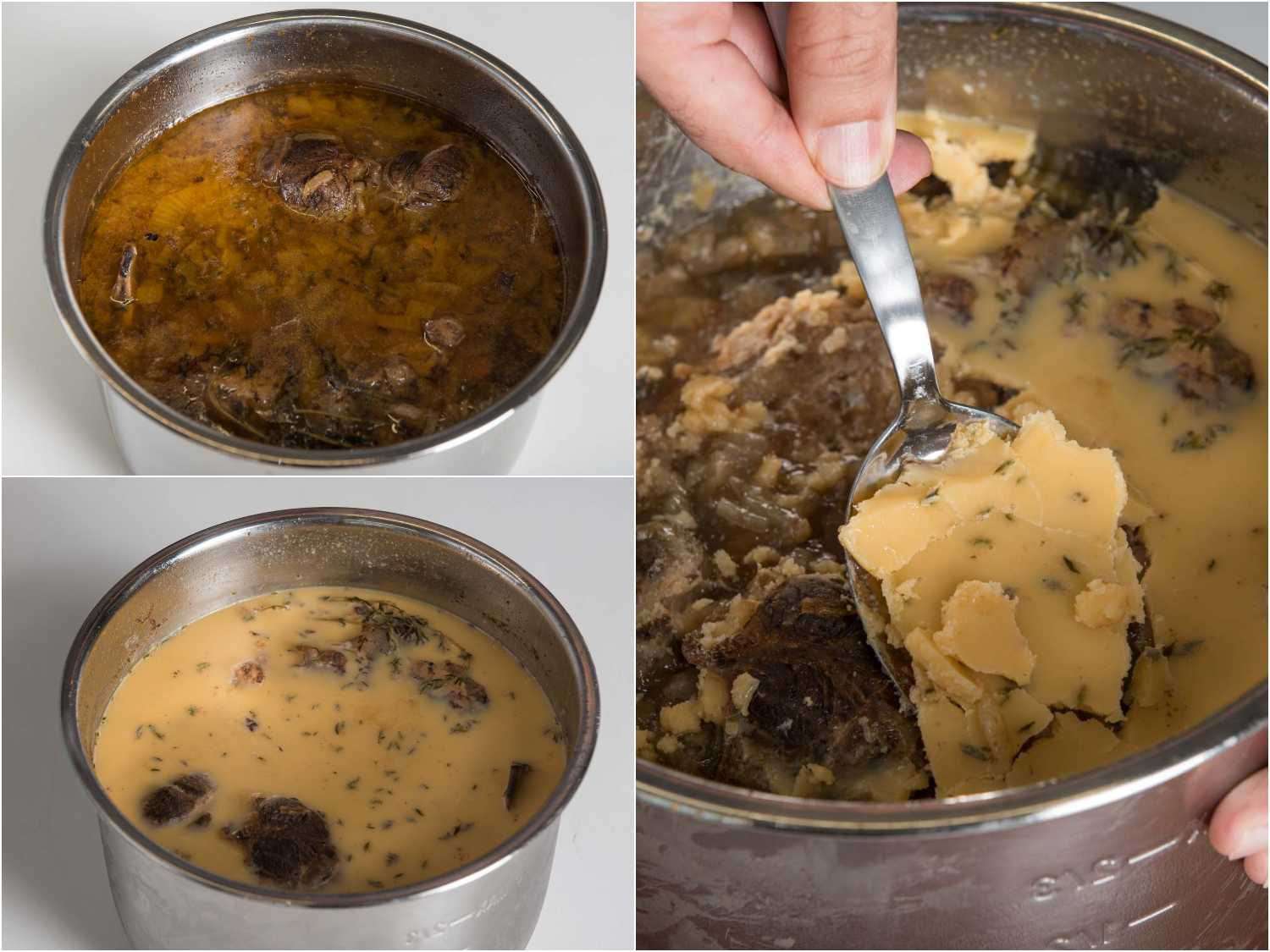 A 3-image collage: beef stock in a bowl, beef stock that has been chilled in a bowl, and scraping the congealed fat off the surface of the stock.