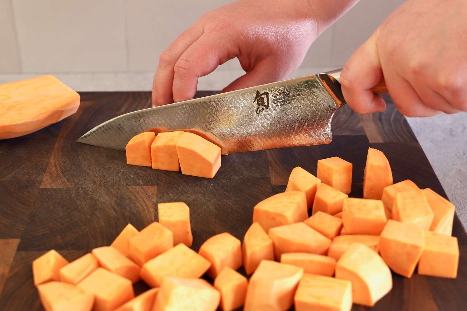 using the Shun Hikari to dice sweet potatoes