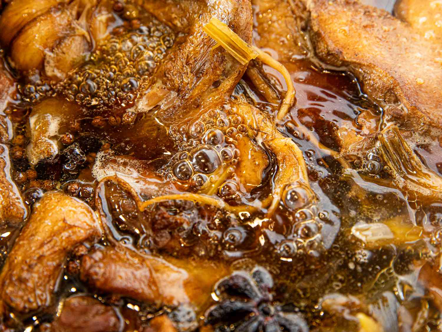 Close up of broth bubbling 